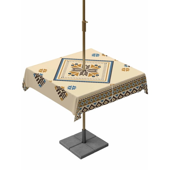 Outdoor Tablecloths with Umbrella Hole & Zipper, Beige Khaki Boho 54x54 Inch Square Tablecloths, Vintage Ethnic Tribe Abstract Art Retro Waterproof Table Cloth, Patio/Pool/Picnic Table Covers