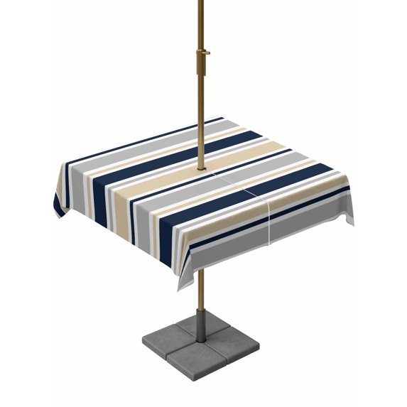 Outdoor Tablecloths with Umbrella Hole & Zipper, Beige Navy Blue Striped 54x54 Inch Square Tablecloths, Farmhouse Stripes Modern Abstract Art Waterproof Table Cloth, Patio/Pool/Picnic Table Covers