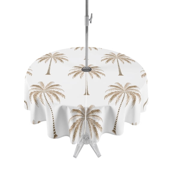 Outdoor Tablecloths with Umbrella Hole & Zipper, Beige Palm Trees Round Tablecloths 60 Inch, Tropical Summer Beach Botanical Waterproof Table Cloth, Patio/Pool/Picnic Table Covers