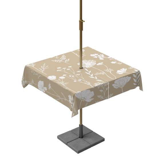 Outdoor Tablecloths with Umbrella Hole & Zipper, Beige Wildflowers 60x60 Inch Square Tablecloths, Farmhouse Floral Botanical Leaves Waterproof Table Cloth, Patio/Pool/Picnic Table Covers
