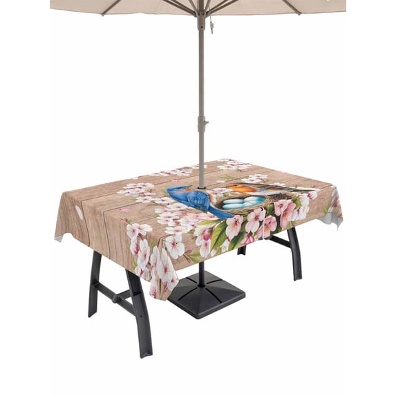Outdoor Tablecloths with Umbrella Hole & Zipper, Birds Floral 60 x102 Inch Rectangle Tablecloths, Farmhouse Pink Flower Leaf Wood Grain Brown Waterproof Table Cloth, Patio/Pool/Picnic Table Covers