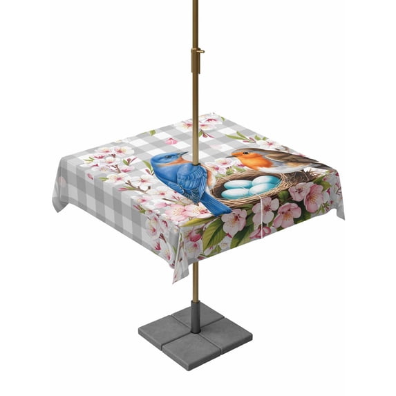 Outdoor Tablecloths with Umbrella Hole & Zipper, Birds Floral 60x60 Inch Square Tablecloths, Farmhouse Country Pink Flower Leaf Grey Plaid Waterproof Table Cloth, Patio/Pool/Picnic Table Covers
