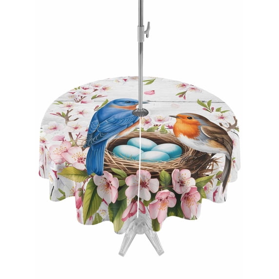 Outdoor Tablecloths with Umbrella Hole & Zipper, Birds Floral Round Tablecloths 60 Inch, Farmhouse Country Pink Flower Leaf Wood Grain Waterproof Table Cloth, Patio/Pool/Picnic Table Covers