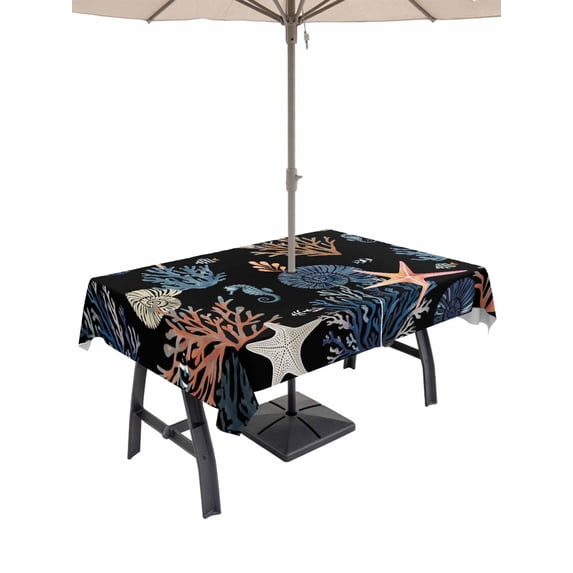 Outdoor Tablecloths with Umbrella Hole & Zipper, Black Blue Coastal Tablecloth Rectangle 60x84 Inch, Summer Beach Coral Shell Starfish Seahorse Waterproof Table Cloth, Patio/Pool/Picnic Table Covers