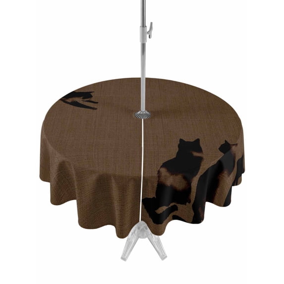 Outdoor Tablecloths with Umbrella Hole & Zipper, Black Brown Cat Round Tablecloths 60 Inch, Retro Art Animals Rustic Waterproof Table Cloth, Patio/Pool/Picnic Table Covers