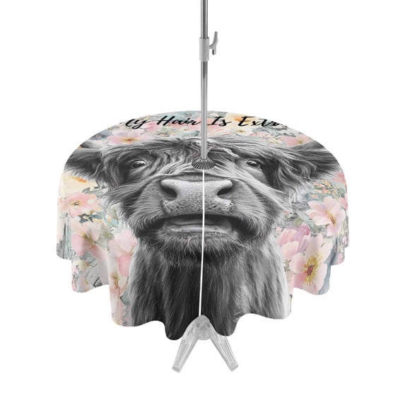 Outdoor Tablecloths with Umbrella Hole & Zipper, Black Cow Floral Round Tablecloths 60 Inch, Grey Ombre Farmhouse Animals Waterproof Table Cloth, Patio/Pool/Picnic Table Covers