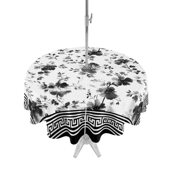 Outdoor Tablecloths with Umbrella Hole & Zipper, Black Floral Round Tablecloth 54 Inch, Retro Flowers Leaves Farmhouse Greek Key Waterproof Table Cloth, Patio/Pool/Picnic Table Covers