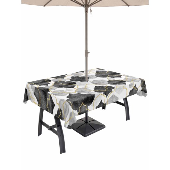 Outdoor Tablecloths with Umbrella Hole & Zipper, Black Geometric Moroccan Rectangle Tablecloth 52x70 Inch, Abstract Art Grey Ombre Modern Waterproof Table Cloth, Patio/Pool/Picnic Table Covers