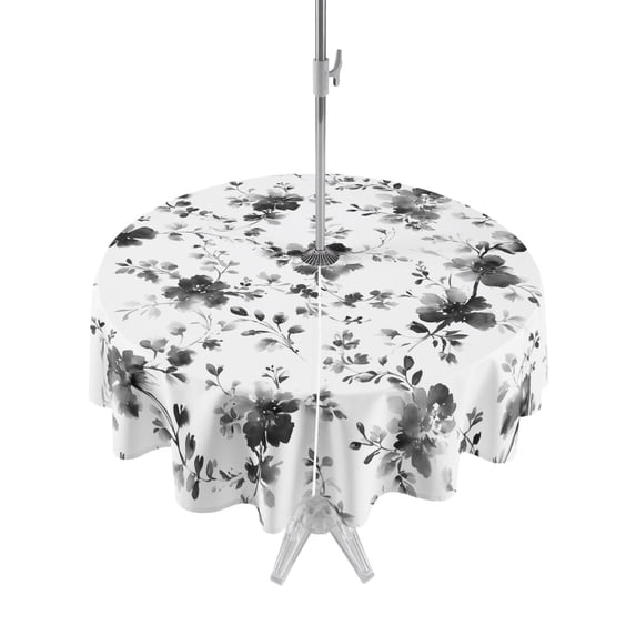 Outdoor Tablecloths with Umbrella Hole & Zipper, Black Gray Wildflower Round Tablecloths 60 Inch, Classic Florals Farmhouse Botanical Waterproof Table Cloth, Patio/Pool/Picnic Table Covers