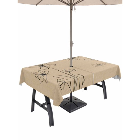 Outdoor Tablecloths with Umbrella Hole & Zipper, Black Khaki Rectangle Tablecloth 52x70 Inch, Spring Flora Waterproof Table Cloth, Patio/Pool/Picnic Table Covers