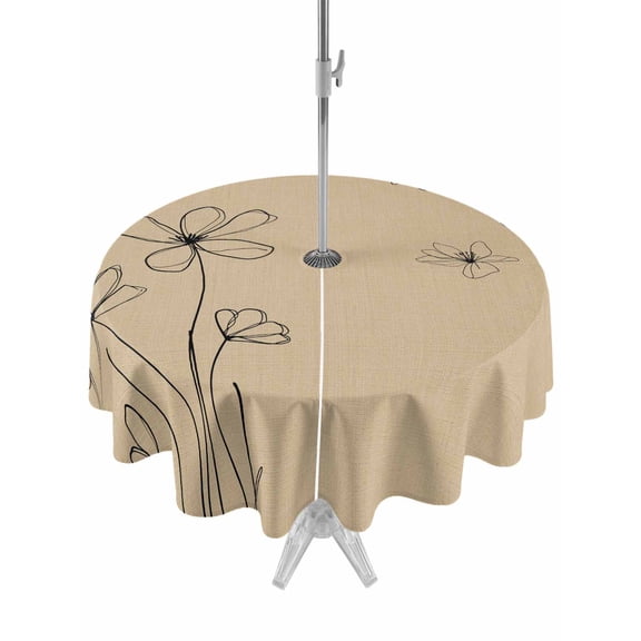 Outdoor Tablecloths with Umbrella Hole & Zipper, Black Khaki Round Tablecloth 54 Inch, Spring Flora Waterproof Table Cloth, Patio/Pool/Picnic Table Covers