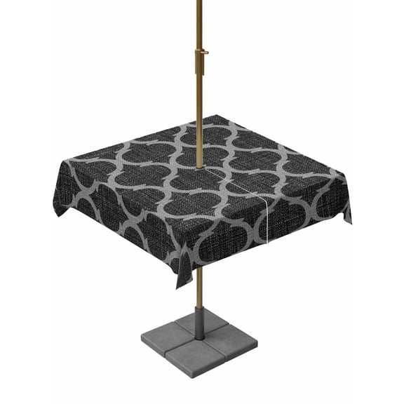 Outdoor Tablecloths with Umbrella Hole & Zipper, Black Morocco 54x54 Inch Square Tablecloths, Boho Vintage Quatrefoil Geometric Plaid Waterproof Table Cloth, Patio/Pool/Picnic Table Covers