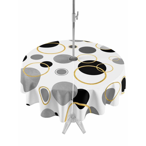 Outdoor Tablecloths with Umbrella Hole & Zipper, Black Polka Dots Round Tablecloths 60 Inch, Modern Abstract Art Waterproof Table Cloth, Patio/Pool/Picnic Table Covers