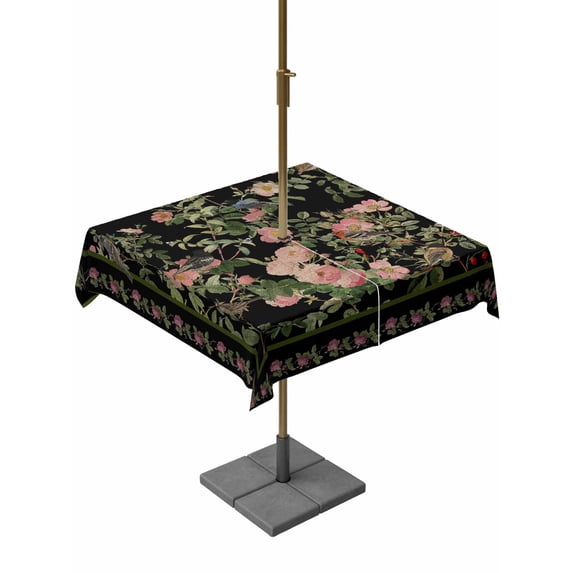 Outdoor Tablecloths with Umbrella Hole & Zipper, Black Spring Floral 54x54 Inch Square Tablecloths, Elegant Pastoral Flowers Birds Retro Art Waterproof Table Cloth, Patio/Pool/Picnic Table Covers
