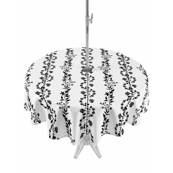 Outdoor Tablecloths with Umbrella Hole & Zipper, Black Spring Leaves Round Tablecloths 60 Inch, Pastoral Botanical Striped Flowers Waterproof Table Cloth, Patio/Pool/Picnic Table Covers