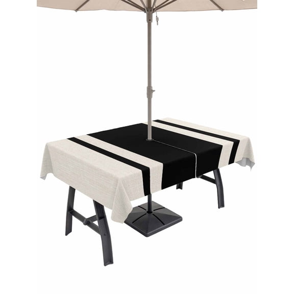Outdoor Tablecloths with Umbrella Hole & Zipper, Black Vintage 60 x102 Inch Rectangle Tablecloths, Geometric Stripes Simple Lines Waterproof Table Cloth, Patio/Pool/Picnic Table Covers