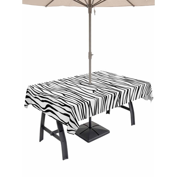 Outdoor Tablecloths with Umbrella Hole & Zipper, Black White Lines Rectangle Tablecloth 52x70 Inch, Retro Stripes Texture Minimalist Art Waterproof Table Cloth, Patio/Pool/Picnic Table Covers