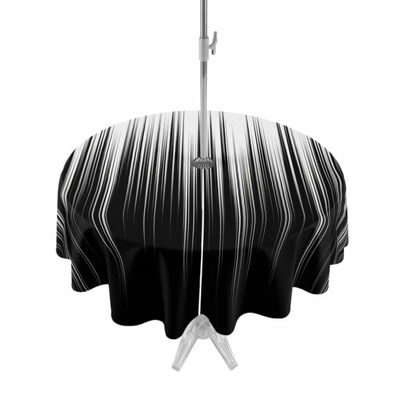 Outdoor Tablecloths with Umbrella Hole & Zipper, Black White Round Tablecloth 54 Inch, Modern Geometric Abstract Gradient Striped Waterproof Table Cloth, Patio/Pool/Picnic Table Covers