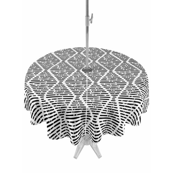Outdoor Tablecloths with Umbrella Hole & Zipper, Black White Round Tablecloths 60 Inch, Modern Abstract Art Farmhouse Waterproof Table Cloth, Patio/Pool/Picnic Table Covers