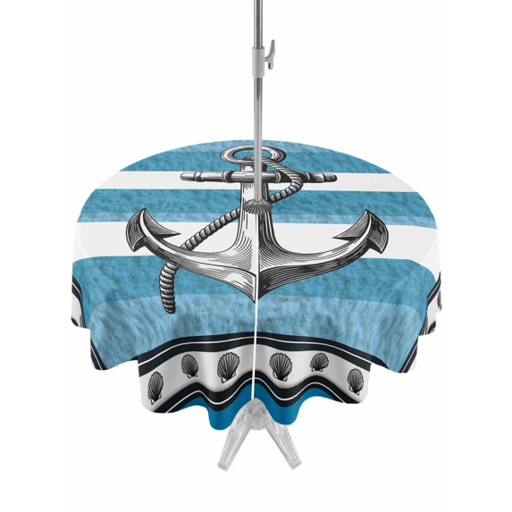 Outdoor Tablecloths with Umbrella Hole & Zipper, Blue Anchor Round Tablecloths 60 Inch, Nautical Summer Beach Coastal Ocean Art Waterproof Table Cloth, Patio/Pool/Picnic Table Covers