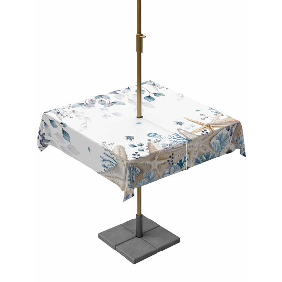 Outdoor Tablecloths with Umbrella Hole & Zipper, Blue Beige Coastal 54x54 Inch Square Tablecloths, Beach Starfish Summer Eucalyptus Waterproof Table Cloth, Patio/Pool/Picnic Table Covers