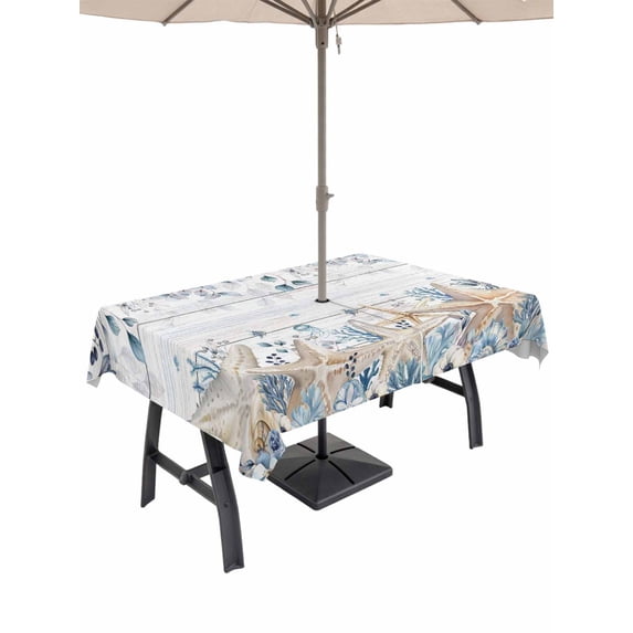 Outdoor Tablecloths with Umbrella Hole & Zipper, Blue Beige Coastal Rectangle Tablecloth 60x120 Inch, Beach Starfish Summer Eucalyptus Retro Waterproof Table Cloth, Patio/Pool/Picnic Table Covers