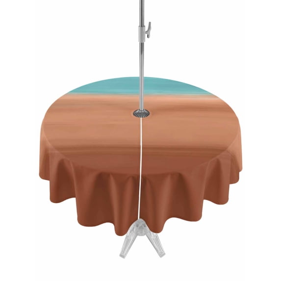 Outdoor Tablecloths with Umbrella Hole & Zipper, Blue Brown Ombre Round Tablecloth 54 Inch, Modern Abstract Gradient Art Waterproof Table Cloth, Patio/Pool/Picnic Table Covers