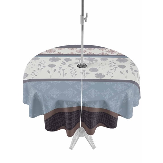 Outdoor Tablecloths with Umbrella Hole & Zipper, Blue Brown Stripes Round Tablecloths 60 Inch, Abstract Geometric Spring Flowers Country Waterproof Table Cloth, Patio/Pool/Picnic Table Covers