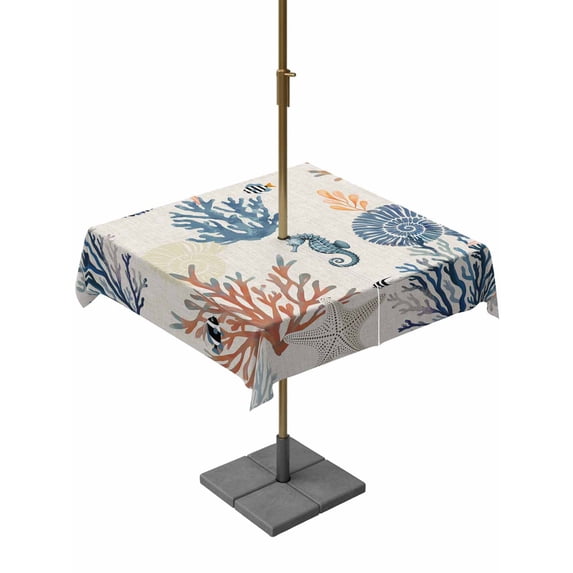 Outdoor Tablecloths with Umbrella Hole & Zipper, Blue Coastal 54x54 Inch Square Tablecloths, Summer Beach Coral Shell Starfish Vintage Waterproof Table Cloth, Patio/Pool/Picnic Table Covers
