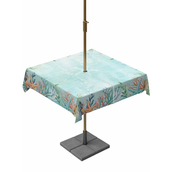Outdoor Tablecloths with Umbrella Hole & Zipper, Blue Coastal 60x60 Inch Square Tablecloths, Summer Nautical Beach Coral Starfish Waterproof Table Cloth, Patio/Pool/Picnic Table Covers