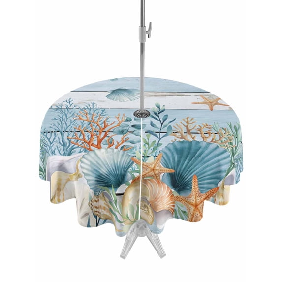 Outdoor Tablecloths with Umbrella Hole & Zipper, Blue Coastal Round Tablecloth 54 Inch, Summer Beach Starfish Shell Coral Nautical Waterproof Table Cloth, Patio/Pool/Picnic Table Covers