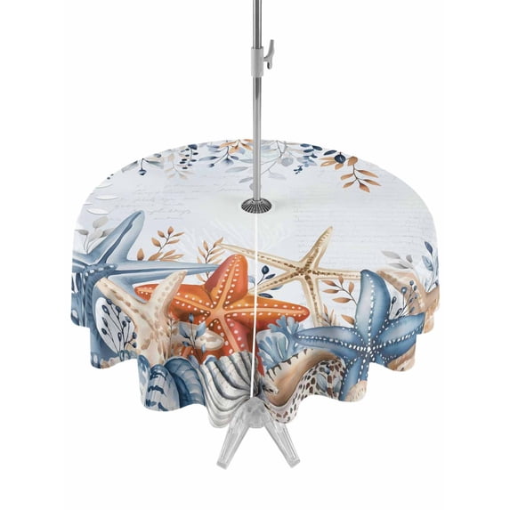 Outdoor Tablecloths with Umbrella Hole & Zipper, Blue Coastal Round Tablecloth 54 Inch, Summer Beach Starfish Weeping Eucalyptus Ombre Waterproof Table Cloth, Patio/Pool/Picnic Table Covers