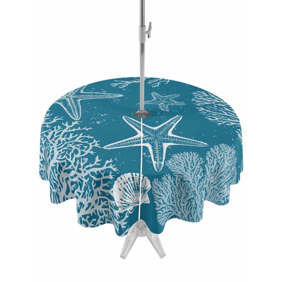 Outdoor Tablecloths with Umbrella Hole & Zipper, Blue Coastal Round Tablecloths 60 Inch, Starfish Coral Summer Beach Ocean Waterproof Table Cloth, Patio/Pool/Picnic Table Covers