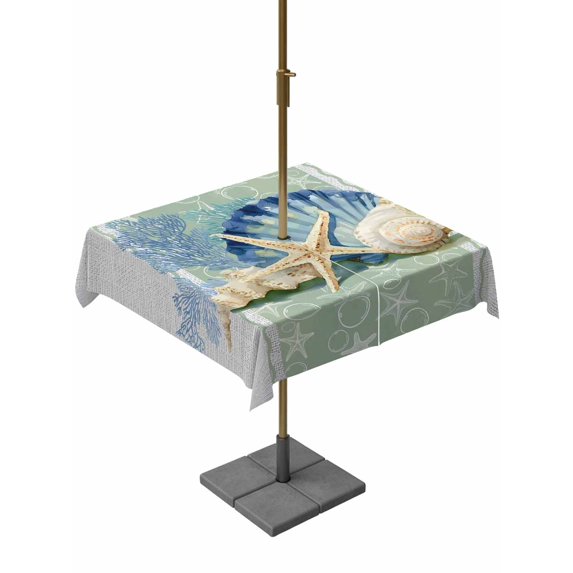 Outdoor Tablecloths with Umbrella Hole & Zipper, Blue Coastal Starfish 54x54 Inch Square Tablecloths, Grey Sage Green Nautical Coral Summer Waterproof Table Cloth, Patio/Pool/Picnic Table Covers