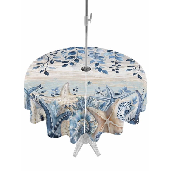 Outdoor Tablecloths with Umbrella Hole & Zipper, Blue Coastal Starfish Round Tablecloth 54 Inch, Beach Nautical Shell Eucalyptus Vintage Waterproof Table Cloth, Patio/Pool/Picnic Table Covers