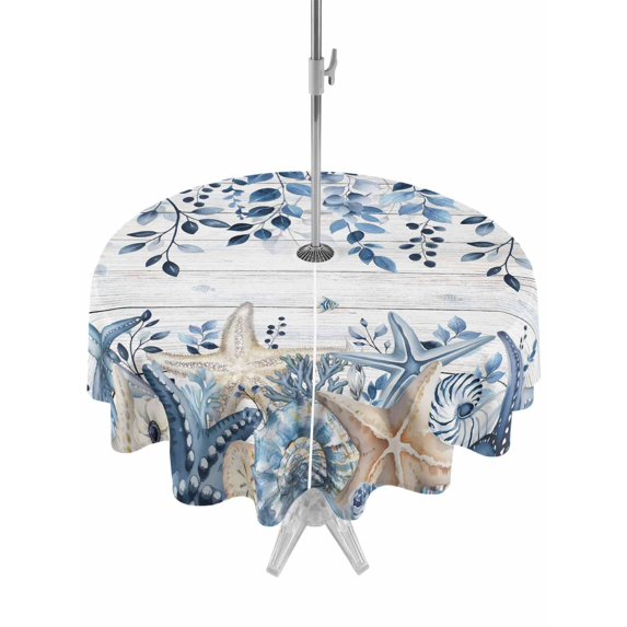 Outdoor Tablecloths with Umbrella Hole & Zipper, Blue Coastal Starfish Round Tablecloth 54 Inch, Beach Nautical Shell Eucalyptus Wooden Waterproof Table Cloth, Patio/Pool/Picnic Table Covers