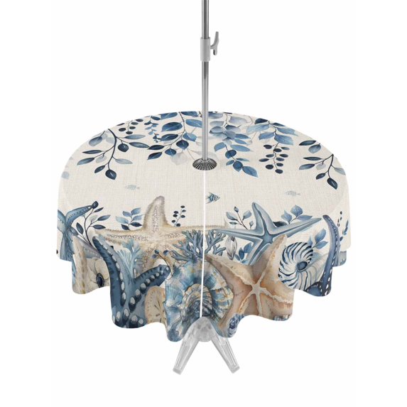 Outdoor Tablecloths with Umbrella Hole & Zipper, Blue Coastal Starfish Round Tablecloths 60 Inch, Beach Nautical Shell Eucalyptus Rustic Waterproof Table Cloth, Patio/Pool/Picnic Table Covers