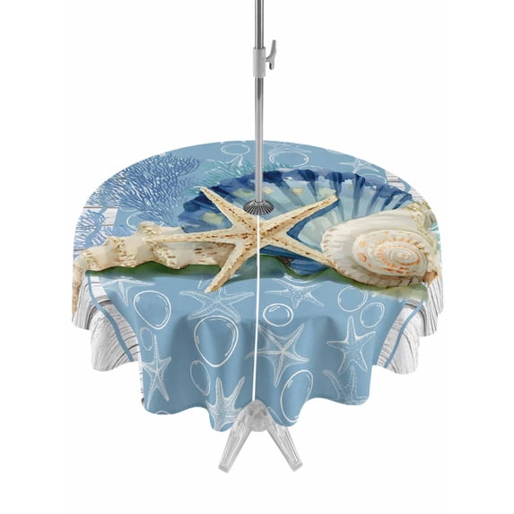 Outdoor Tablecloths with Umbrella Hole & Zipper, Blue Coastal Starfish Round Tablecloths 60 Inch, Vintage Wooden Nautical Coral Summer Waterproof Table Cloth, Patio/Pool/Picnic Table Covers