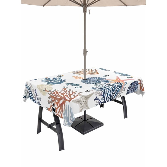 Outdoor Tablecloths with Umbrella Hole & Zipper, Blue Coral Coastal Rectangle Tablecloth 52x70 Inch, Summer Beach Starfish Nautical Waterproof Table Cloth, Patio/Pool/Picnic Table Covers
