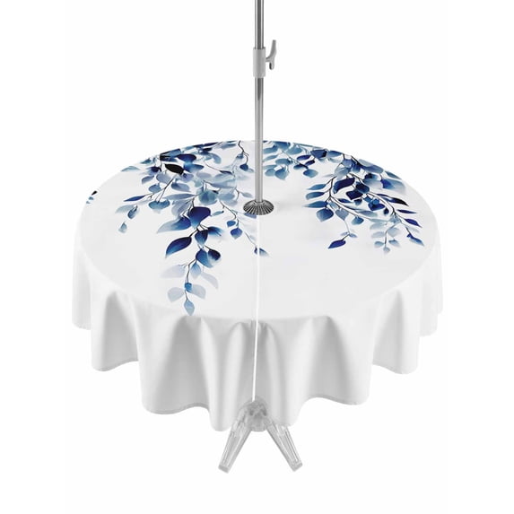 Outdoor Tablecloths with Umbrella Hole & Zipper, Blue Eucalyptus Leaves Round Tablecloths 60 Inch, Weeping Botanical Watercolor Waterproof Table Cloth, Patio/Pool/Picnic Table Covers