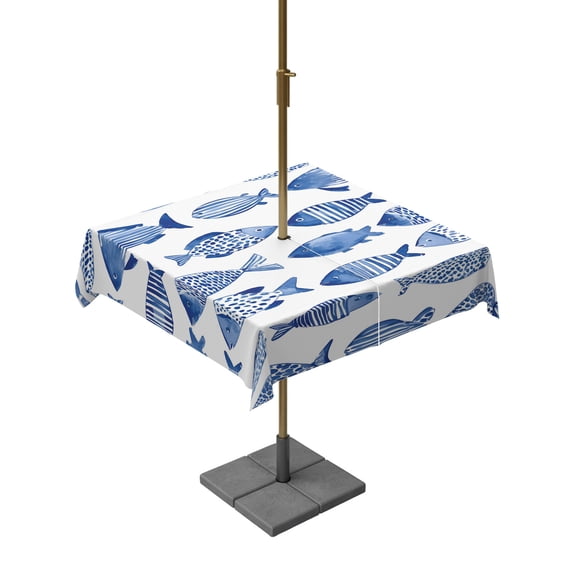 Outdoor Tablecloths with Umbrella Hole & Zipper, Blue Fish Scale 60x60 Inch Square Tablecloths, Coastal Nautical Undersea Cute Sketch Waterproof Table Cloth, Patio/Pool/Picnic Table Covers