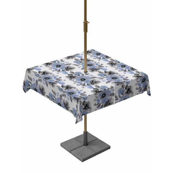 Outdoor Tablecloths with Umbrella Hole & Zipper, Blue Floral 60x60 Inch Square Tablecloths, Abstract Watercolor Flower Leaf Plant Waterproof Table Cloth, Patio/Pool/Picnic Table Covers