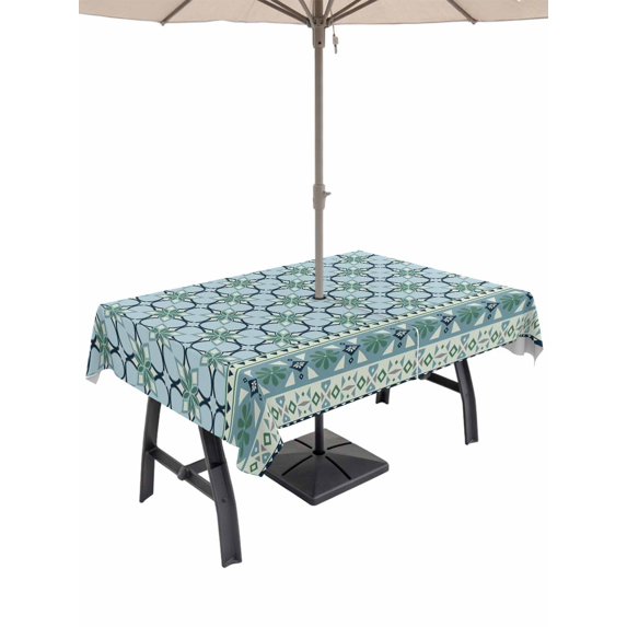 Outdoor Tablecloths with Umbrella Hole & Zipper, Blue Flowers 60 x102 Inch Rectangle Tablecloths, Farmhouse Country Abstract Floral Patterned Waterproof Table Cloth, Patio/Pool/Picnic Table Covers