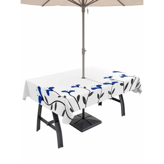 Outdoor Tablecloths with Umbrella Hole & Zipper, Blue Flowers Rectangle Tablecloth 60x120 Inch, Spring Modern Simple Botanical Floral Plants Waterproof Table Cloth, Patio/Pool/Picnic Table Covers