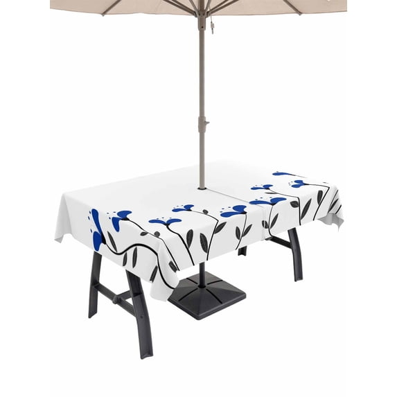 Outdoor Tablecloths with Umbrella Hole & Zipper, Blue Flowers Tablecloth Rectangle 60x84 Inch, Spring Modern Simple Botanical Floral Plants Waterproof Table Cloth, Patio/Pool/Picnic Table Covers