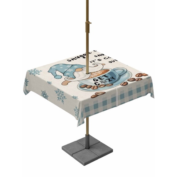 Outdoor Tablecloths with Umbrella Hole & Zipper, Blue Gnomes 60x60 Inch Square Tablecloths, Coffee Snowflake Winter Checkered Rustic Waterproof Table Cloth, Patio/Pool/Picnic Table Covers