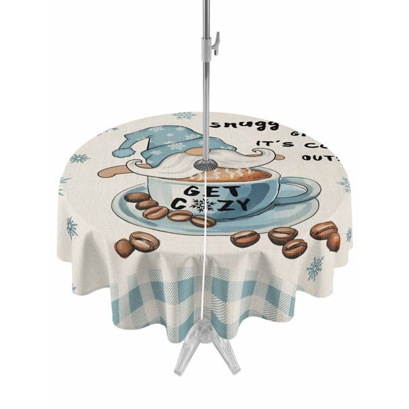 Outdoor Tablecloths with Umbrella Hole & Zipper, Blue Gnomes Round Tablecloth 54 Inch, Coffee Snowflake Winter Checkered Rustic Waterproof Table Cloth, Patio/Pool/Picnic Table Covers