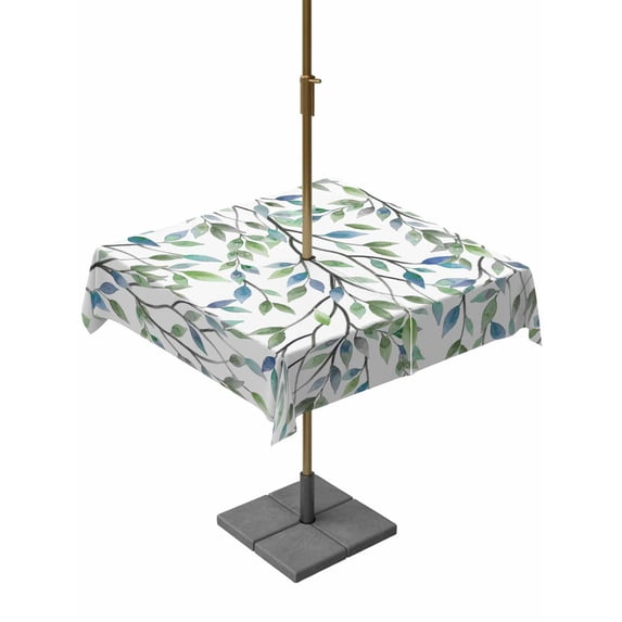 Outdoor Tablecloths with Umbrella Hole & Zipper, Blue Green Eucalyptus 54x54 Inch Square Tablecloths, Spring Botanical Leaves Weeping Waterproof Table Cloth, Patio/Pool/Picnic Table Covers