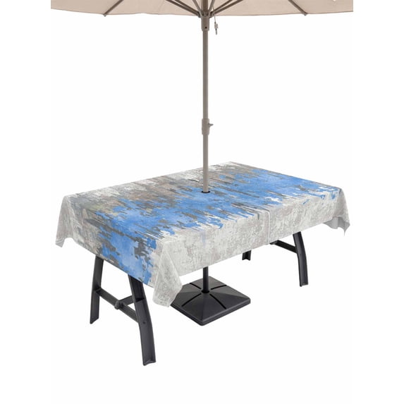 Outdoor Tablecloths with Umbrella Hole & Zipper, Blue Grey Abstract 54x80 Inch Tablecloth Rectangle, Gradient Geometric Graffiti Modern Art Waterproof Table Cloth, Patio/Pool/Picnic Table Covers