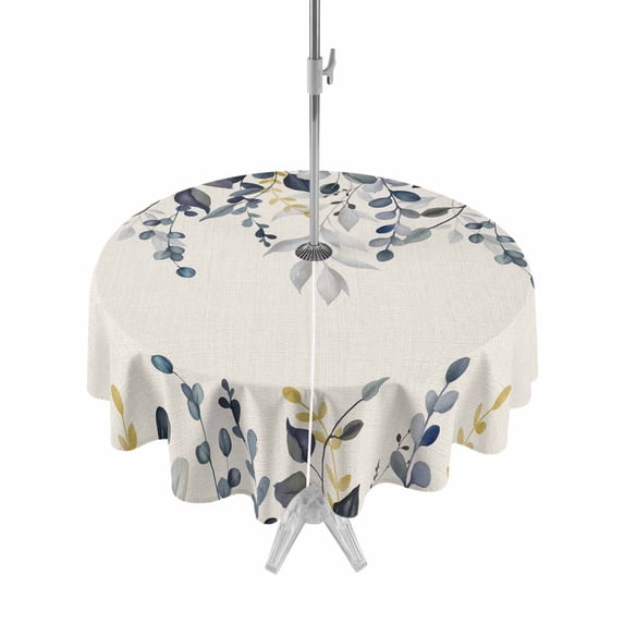 Outdoor Tablecloths with Umbrella Hole & Zipper, Blue Grey Eucalyptus Round Tablecloth 54 Inch, Farmhouse Weeping Leaves on Linen Waterproof Table Cloth, Patio/Pool/Picnic Table Covers